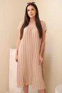 Women's pleated viscose dress with short sleeves camel