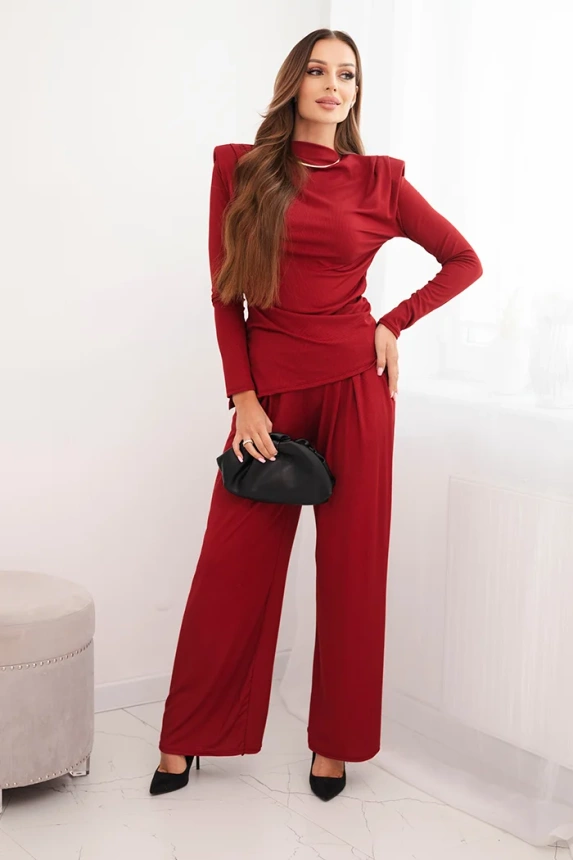 Women's cotton set with a blouse and wide-leg pants maroon