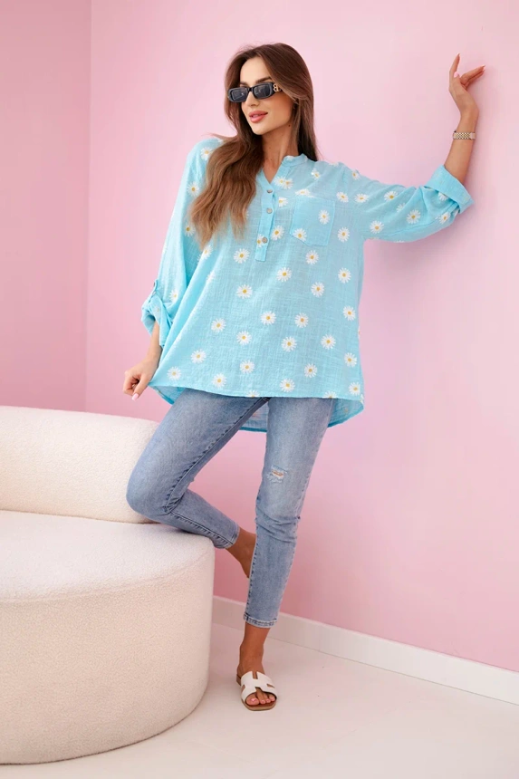 Linen Women's Blouse with Floral Pattern, Long Sleeves, and Buttons Mint