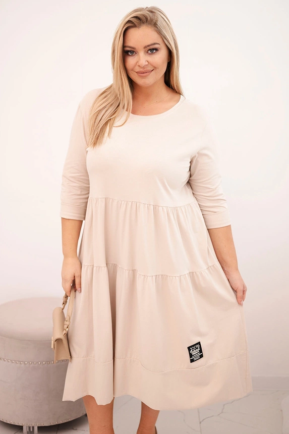 Damen Baumwollkleid in Übergröße mit Rüschen und umgeschlagenem Ärmel beige