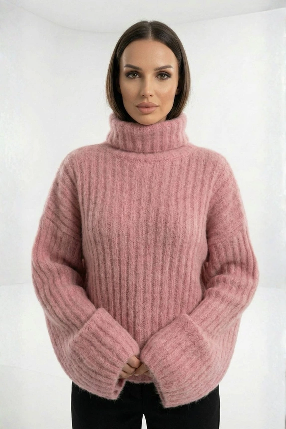Damenpullover aus Mohair mit Puffärmeln und Rollkragen rosa puder