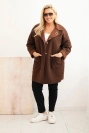 Dámský kabát Plus Size beránek s vlnou a kapsami čokoládový