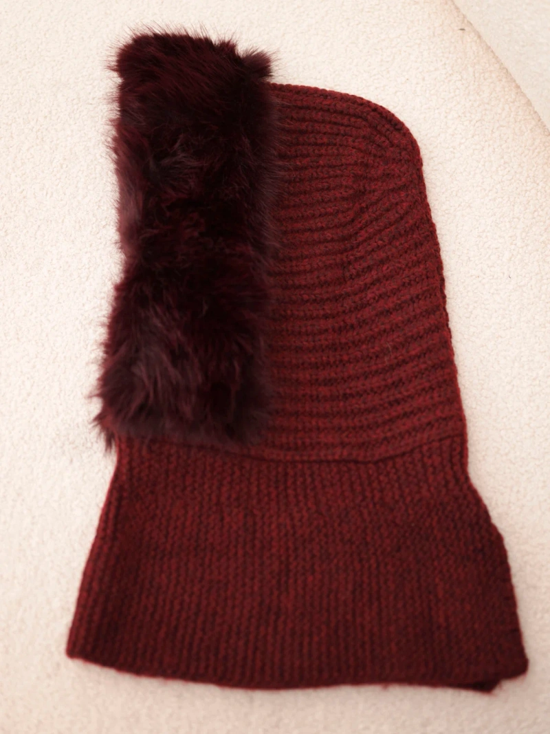 Women's knitted hood hat with fur and neck cover burgundy