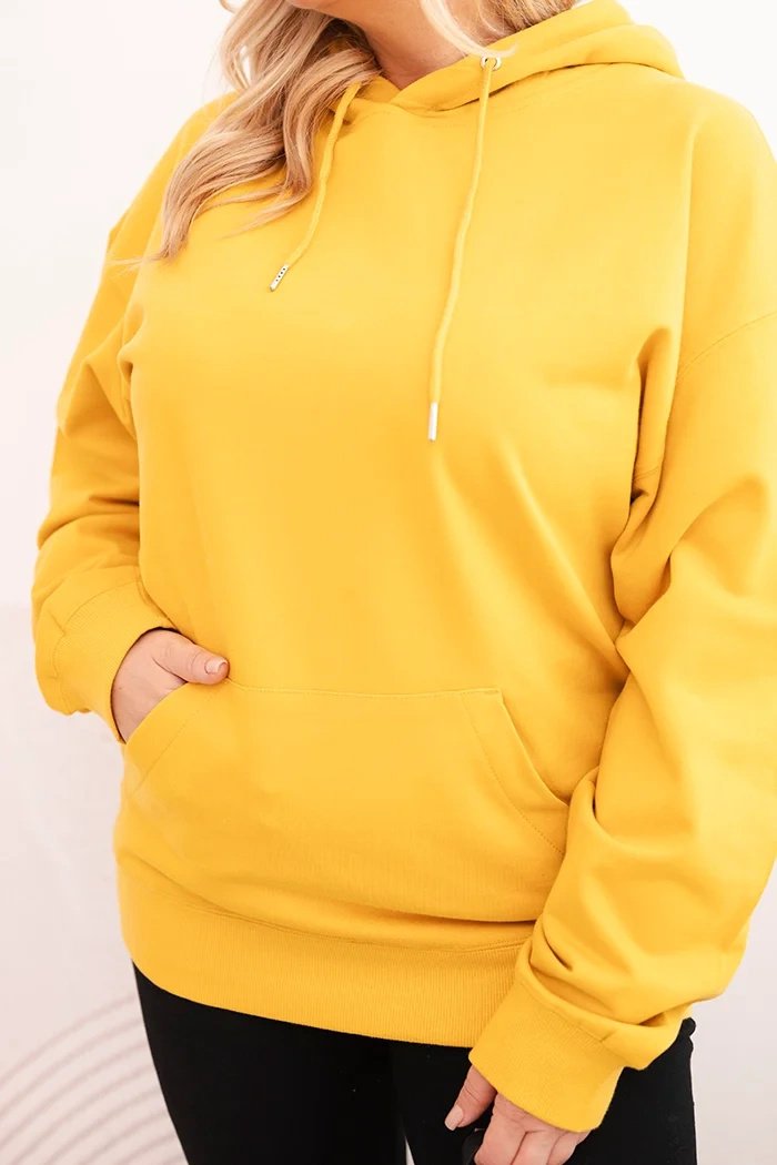 Moteriška džemperis Plus Size medvilninis su gobtuvu ir kengūros kišene garstyčių