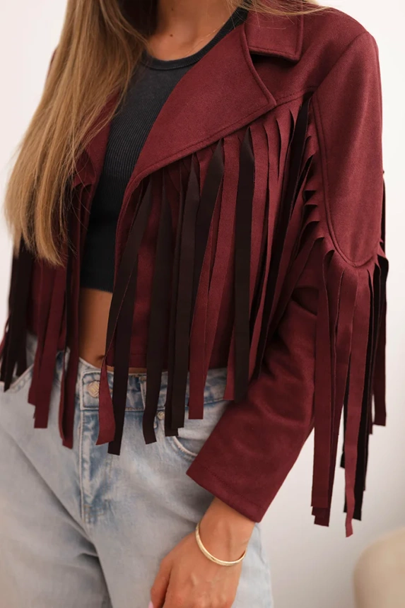 Damen-Wildlederjacke mit Fransen bordeaux