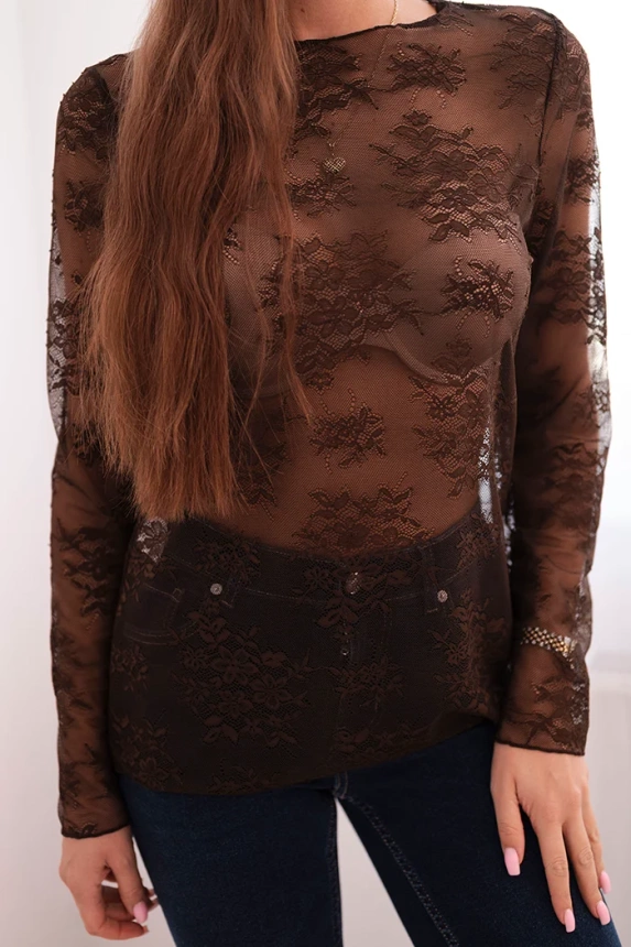 Brown long-sleeved lace women's blouse
