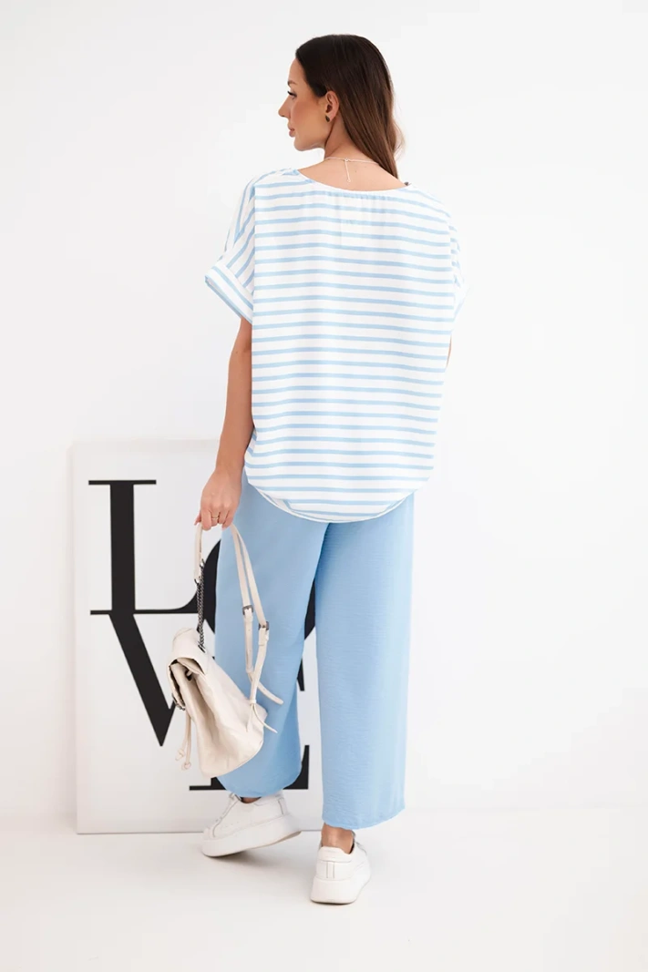 Damen-Set aus Viskose mit gestreiftem Oberteil und weiten Hose mit Gummi blau