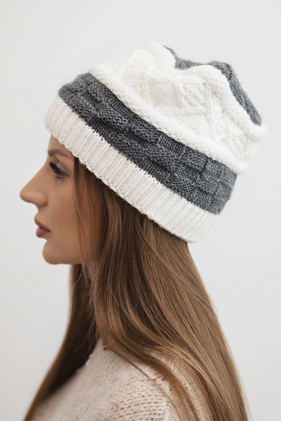 Women's winter wool hat with decorative knit K446 white + graphite
