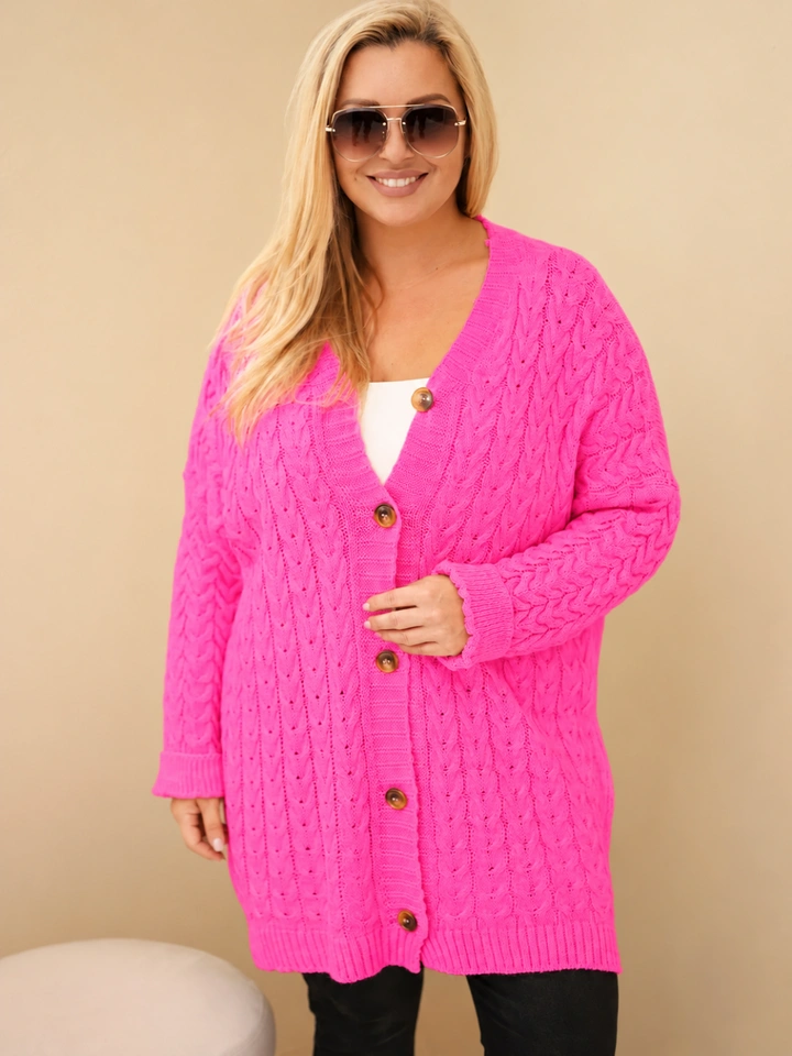 Dámský kardigan Plus Size s knoflíky a copánkovým vzorem růžový neon