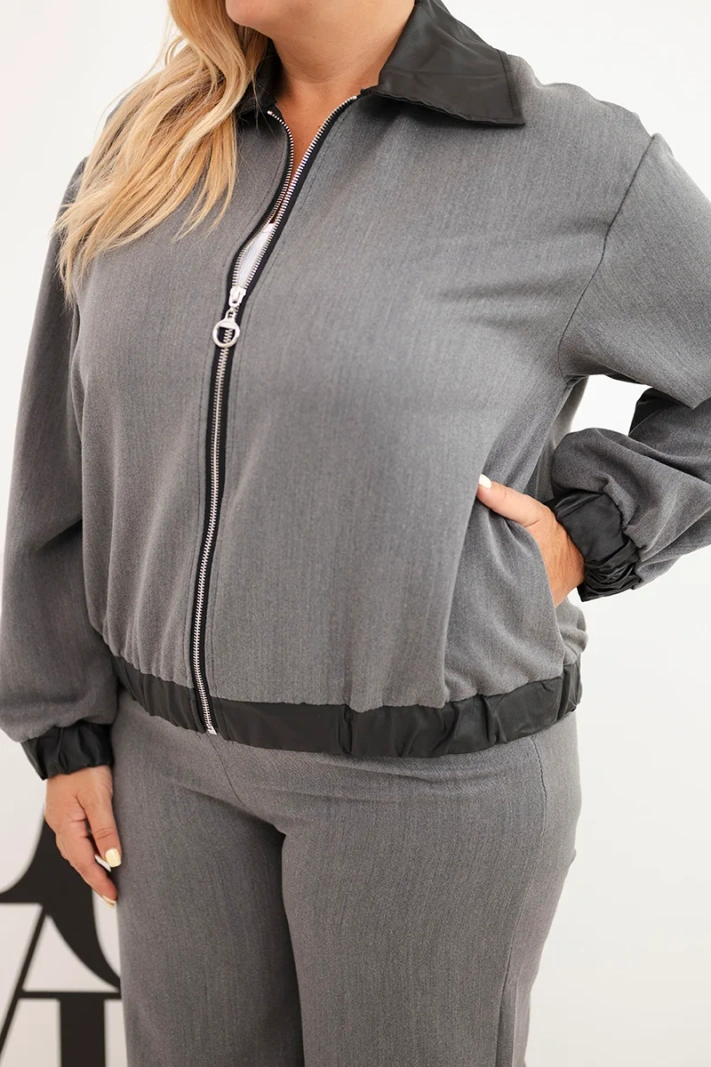 Dámsky komplet Plus Size s mikinou na zips a širokými nohavicami grafitový