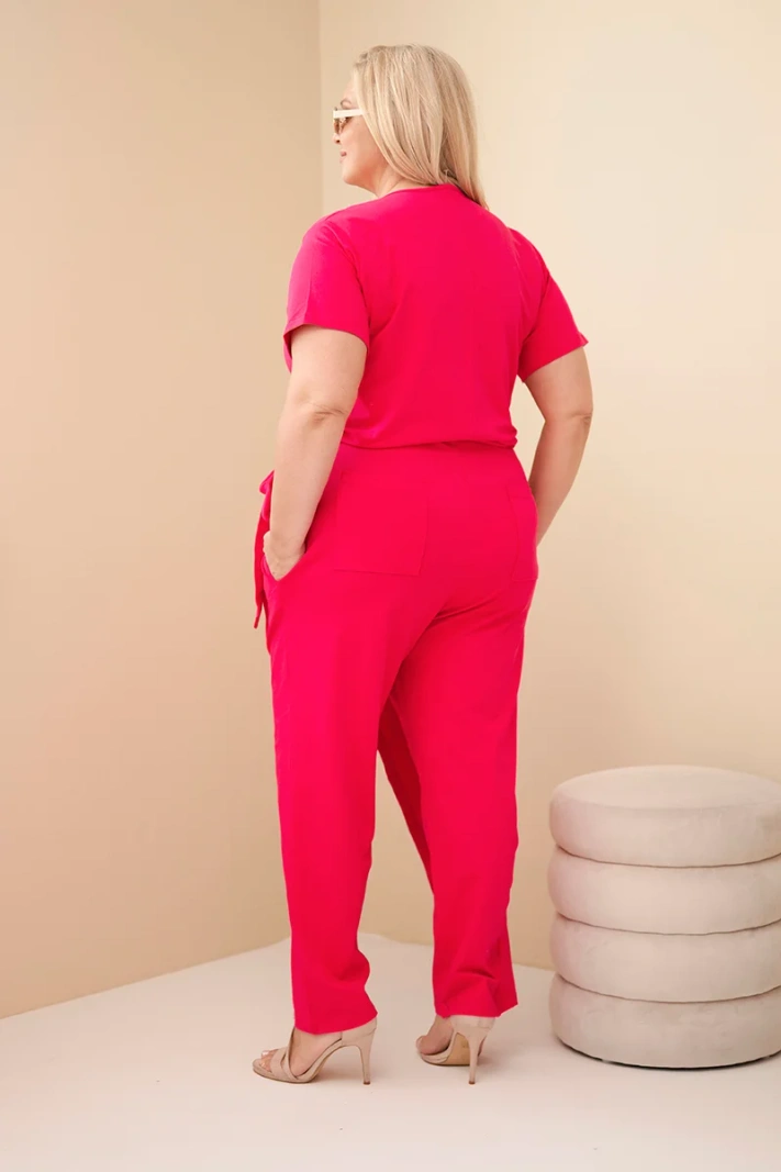 Dámsky bavlnený overal Plus Size so zaväzovaním v páse fuksia