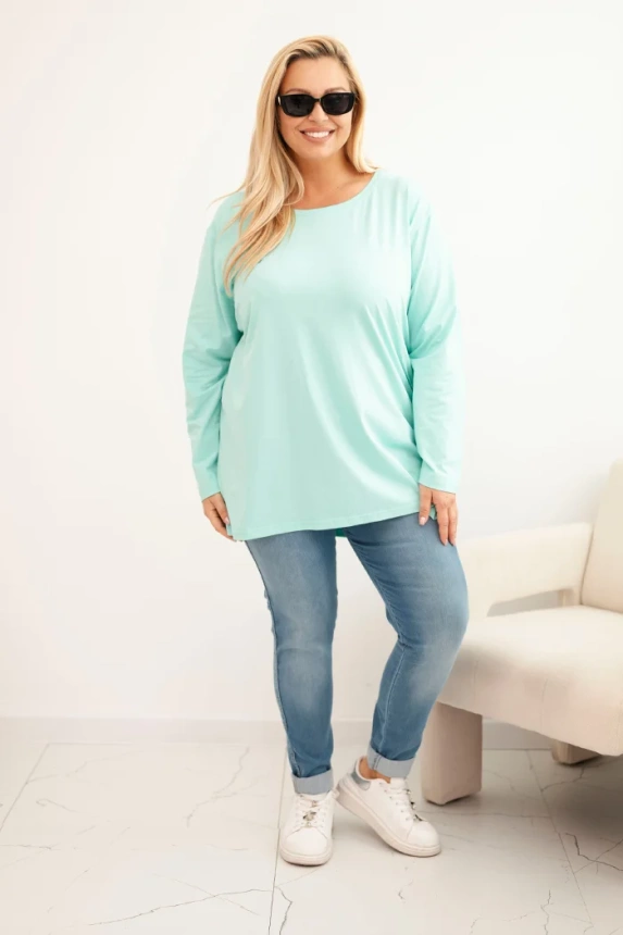 Plus Size women's cotton blouse with a round neckline mint