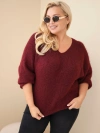 Dámsky sveter Plus Size s výstrihom do V a širokým rukávom bordový