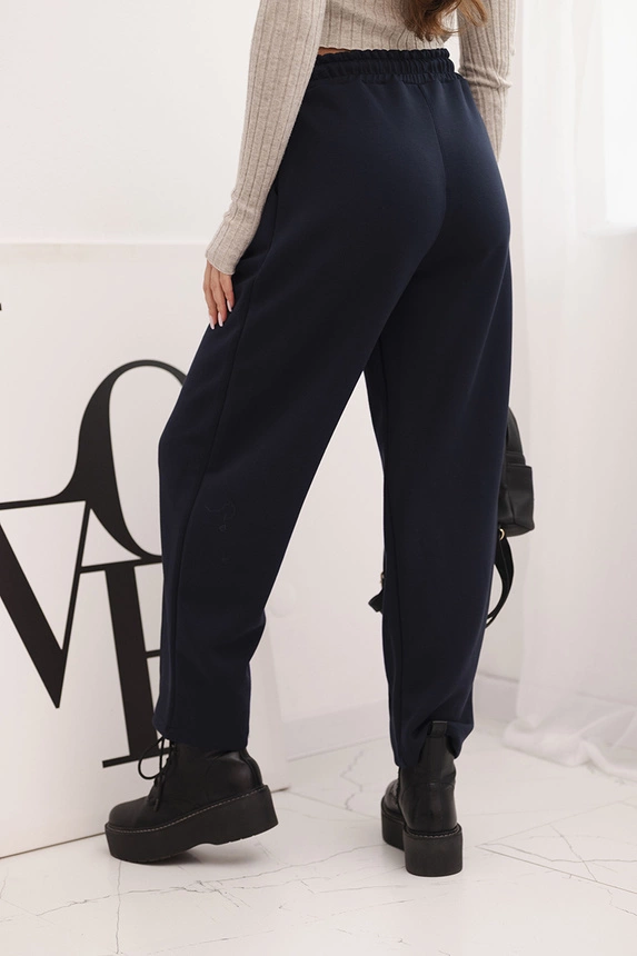 Elegant women's high-waisted pants with a tie at the waist navy blue