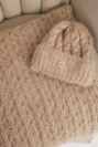 Women's set hat and scarf ribbed with decoration camel