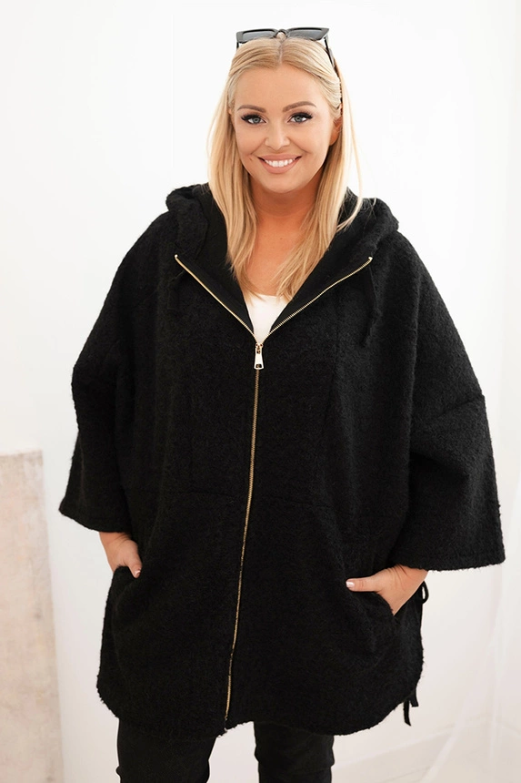 Moteriškas Plus Size paltas su gobtuvu ir užtrauktuku juodas