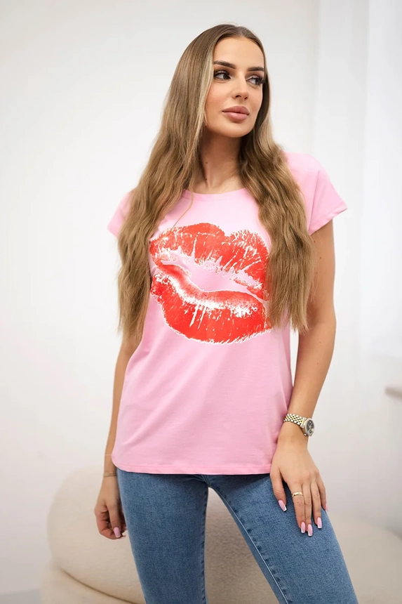 Blouse with lips print light pink
