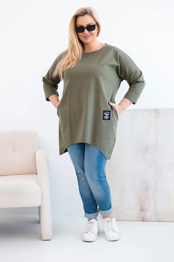 Bluzka damska Plus Size z dłuższym tyłem i długim rękawem khaki