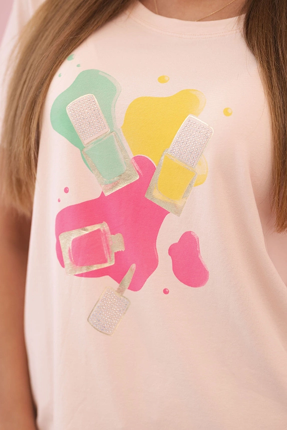 Women's cotton short-sleeve blouse with a colorful print pink