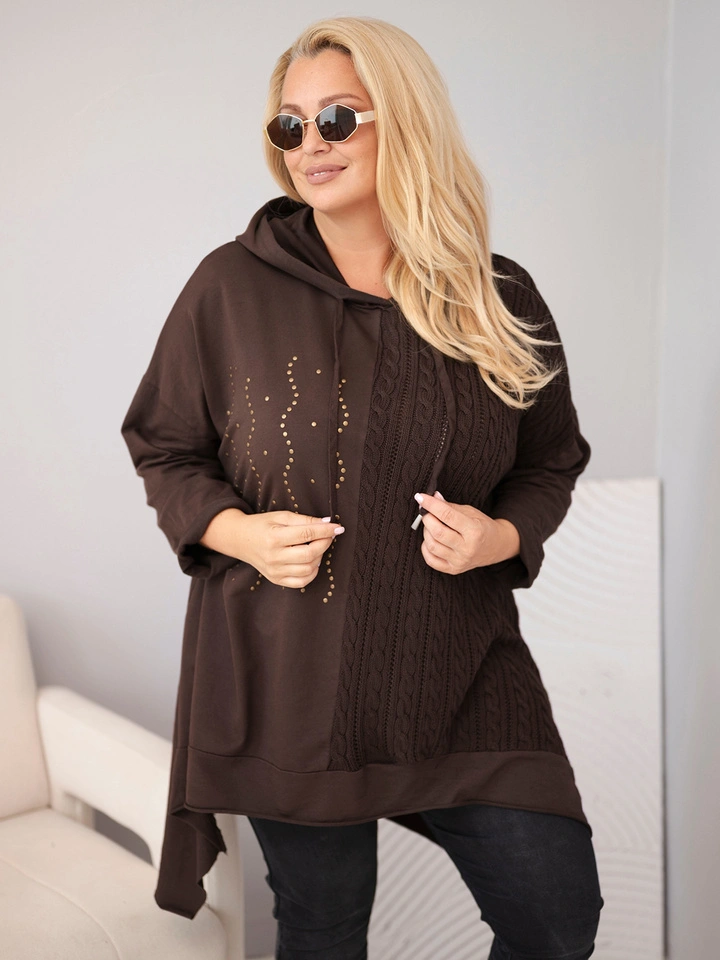 Bluza damska bawełniana Plus Size z kapturem i plecioną wstawką brązowy