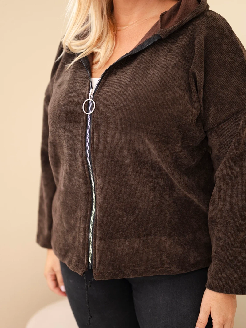 Damen Plus Size Cord Hoodie mit Reißverschluss Oversize braun