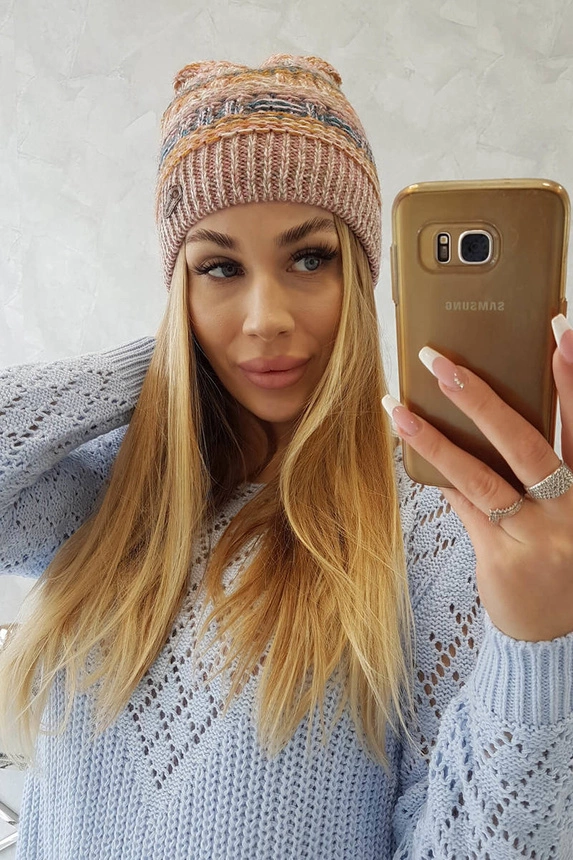 Cap with fleece Patrycja K254 pink + cappuccino