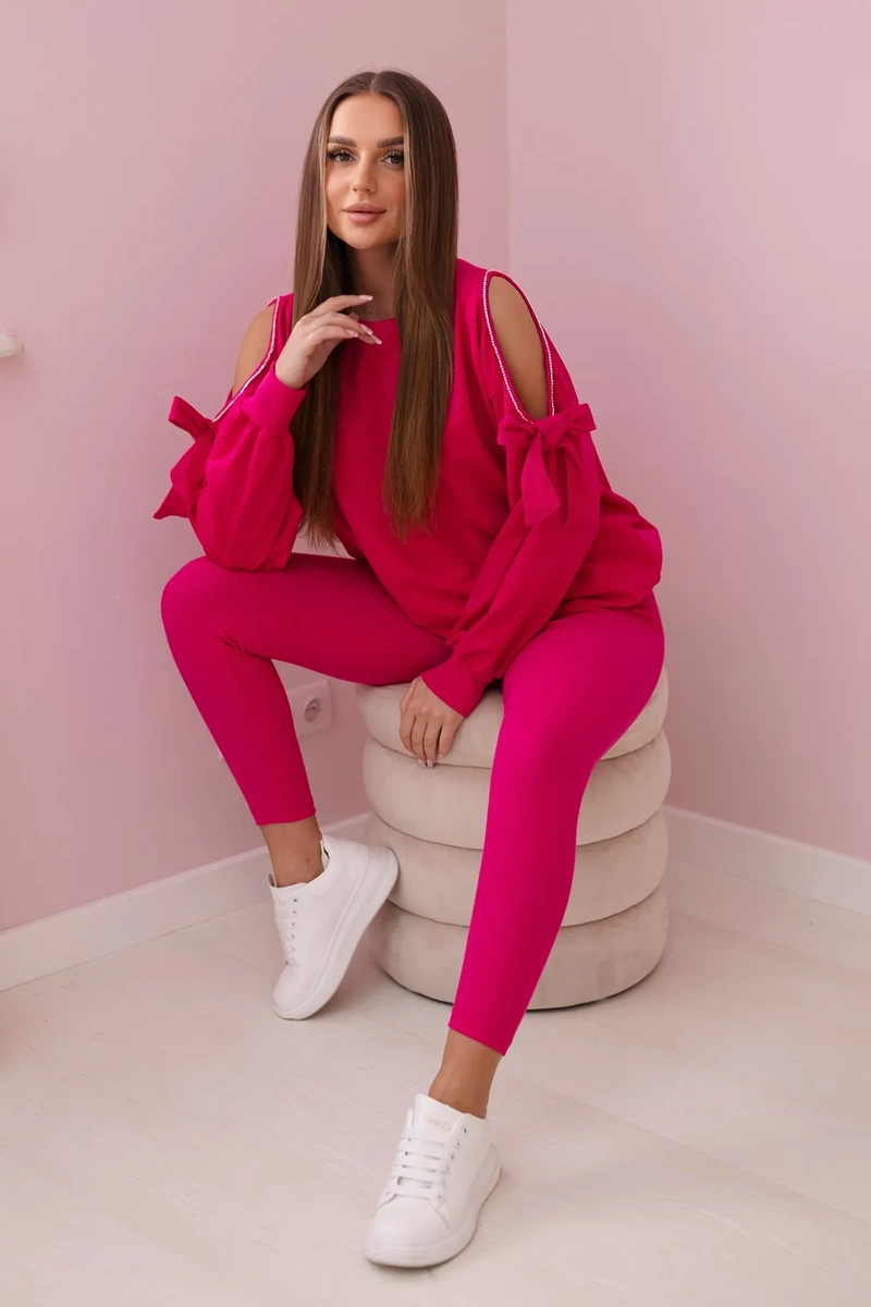 Komplet bluzy z kokardą na rękawach i legginsów fuksja zdjęcie 1