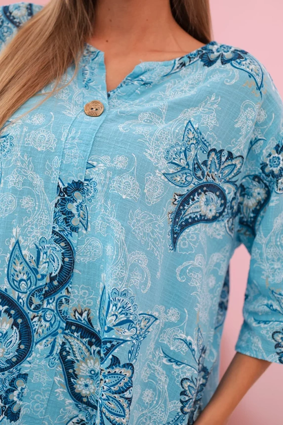 Moteriška medvilninė palaidinė su pasukamomis rankovėmis ir paisley raštu turkio spalvos