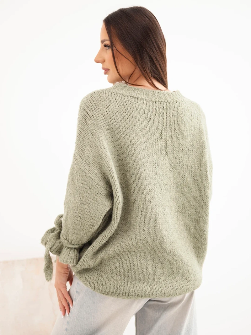 Damen Oversize Pullover mit Schnürungen an den Ärmeln khaki