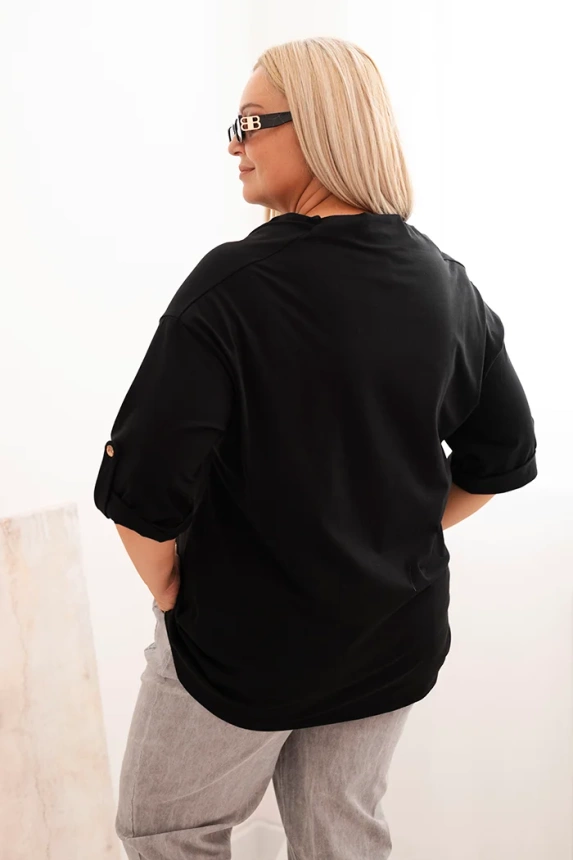 Damenbluse Plus Size aus Baumwolle mit lockerer Passform und Wasserfall-Ausschnitt schwarz