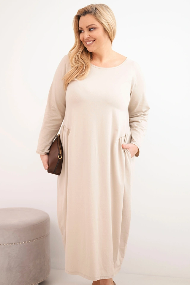 Plus Size women's cotton dress with long sleeves and waist gathering beige