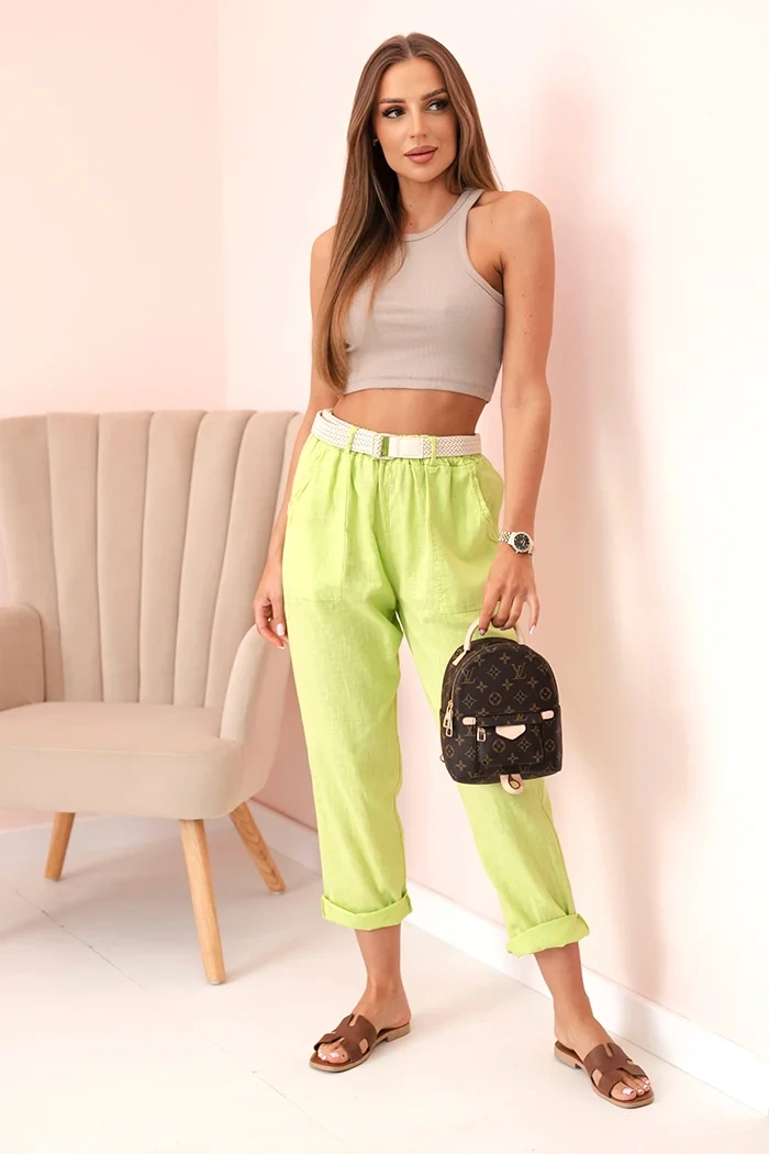 Damen Leinen-Baumwollhose mit Gürtel hellgrün