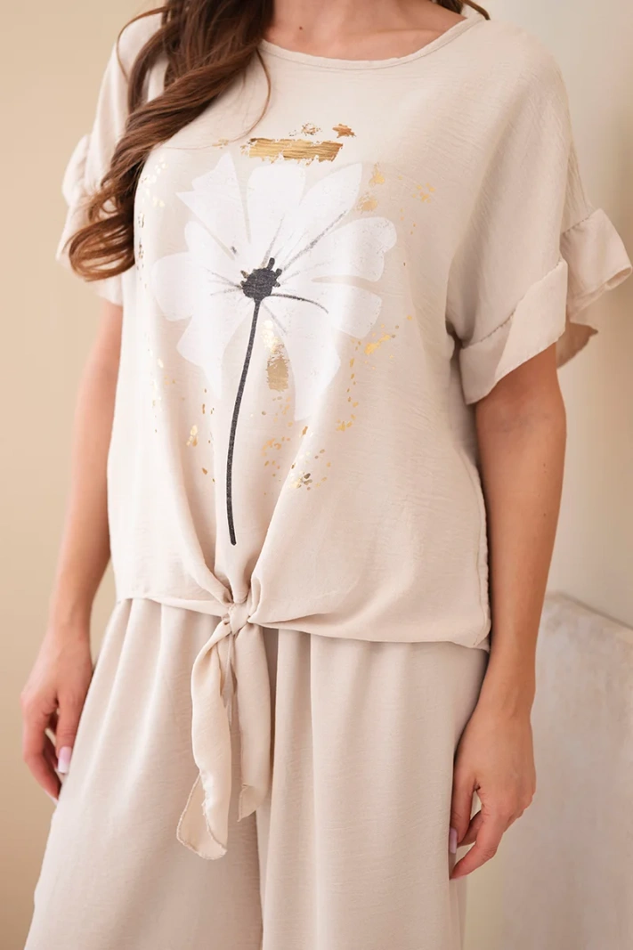 Damen-Viskose-Set mit bedruckter Bluse und Hose beige
