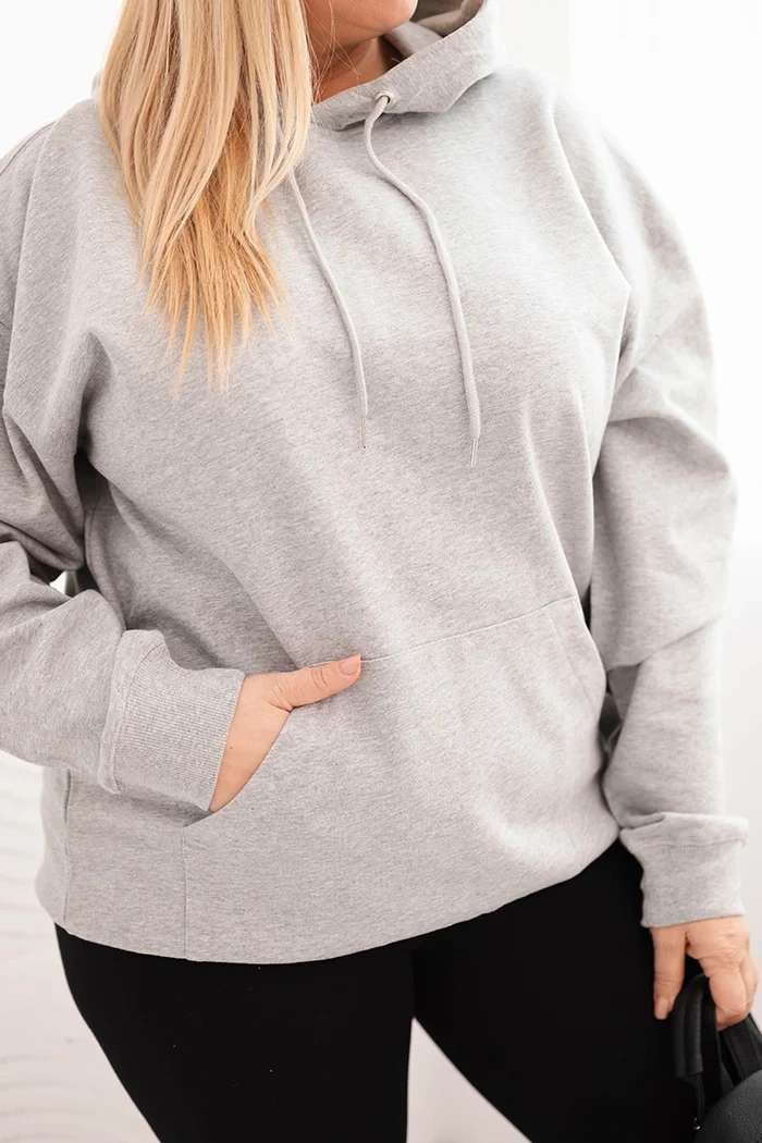 Moteriška pėtelinė Plus Size medvilninė striukė su gobtuvu ir kengūros kišene pilka