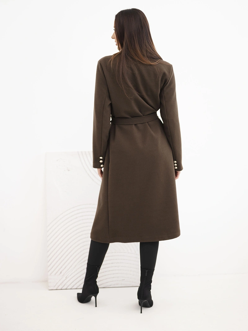 A coat women's with a belt double-breasted chocolate