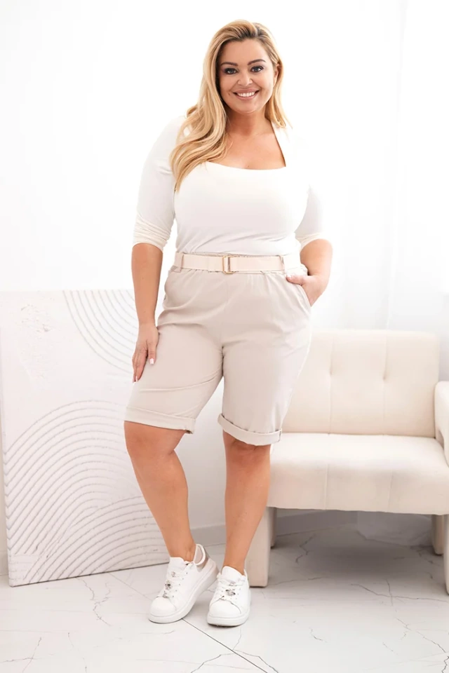 Spodenki damskie bawełniane Plus Size z paskiem beżowe
