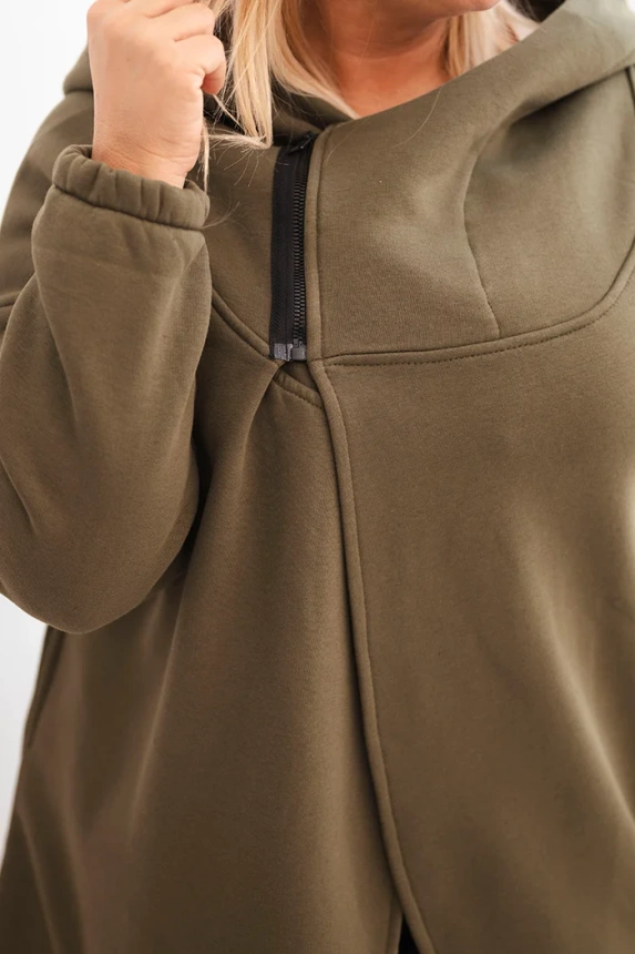 Damenpullover Plus Size gefüttert mit Kapuze und asymmetrischem Reißverschluss khaki