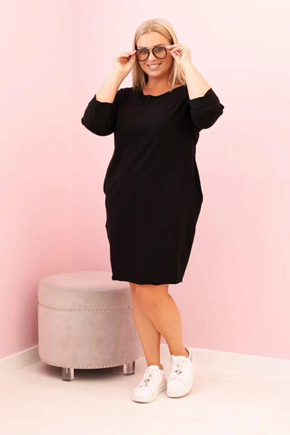 Dámská sukni Plus Size s bavlnou jednoduchého střihu a rukávem 3/4 černá