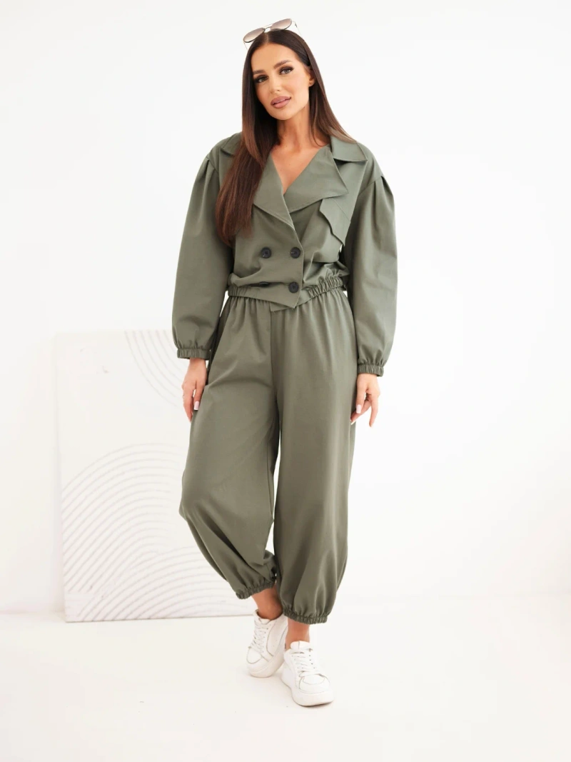 Women's cotton set with collar and jogger pants khaki