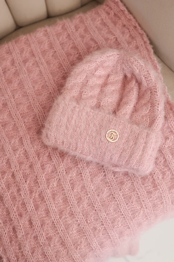 Women's set hat and scarf ribbed with decoration dark powder pink