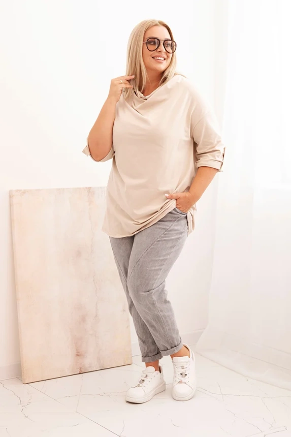 Damenbluse Plus Size aus Baumwolle mit lockerer Passform und Wasserfall-Ausschnitt beige