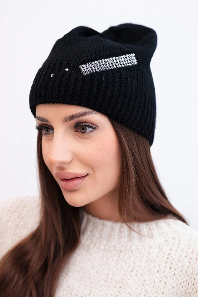 Women's wool winter hat with decorative crystals K399 black