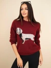Women's sweater with a dachshund pattern and a round neckline burgundy