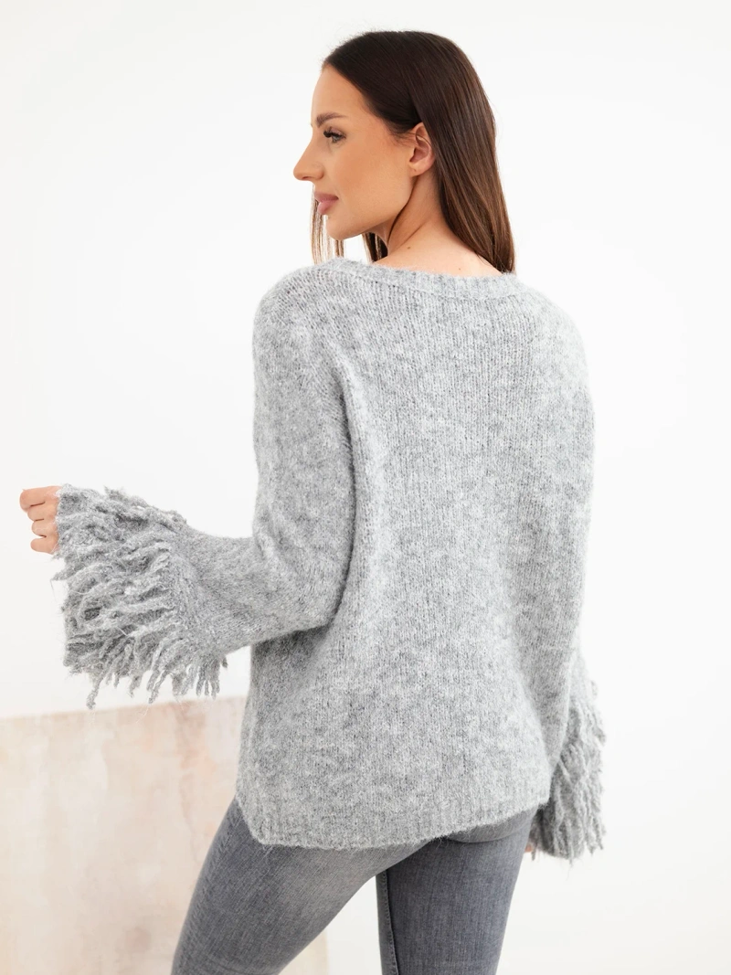 Women's sweater with fringes on the sleeves and a round neckline gray