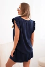 Damenanzug aus Viskose, Bluse mit Rüschen und kurze Shorts blau