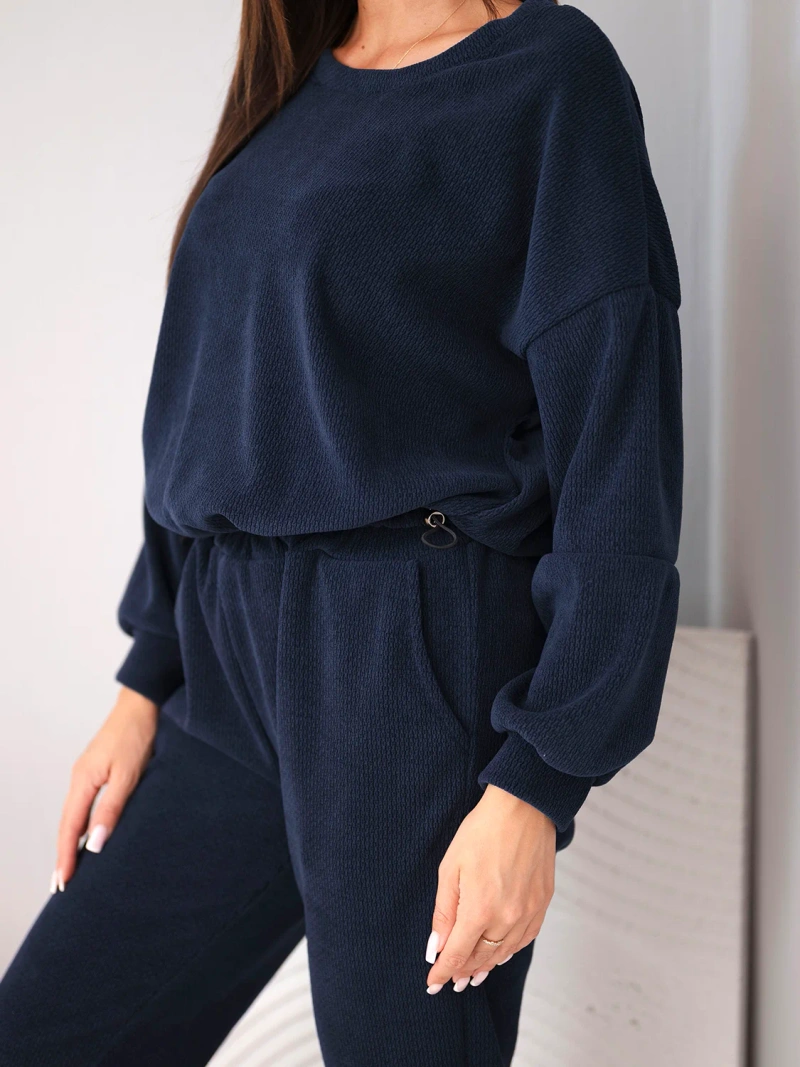 Ribbed viscose women's set with a sweatshirt and pants with a cuff navy blue