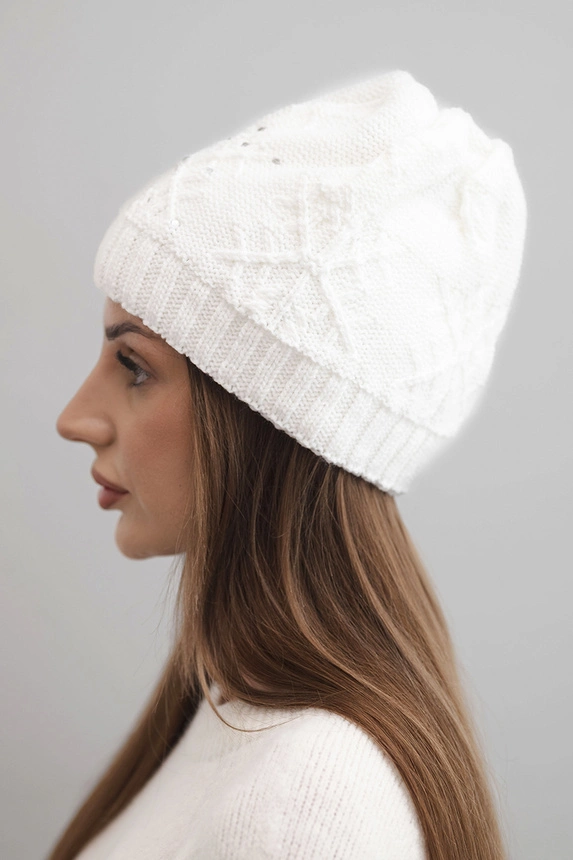 Women's winter hat with wool and decorative braid with pearls K470 white