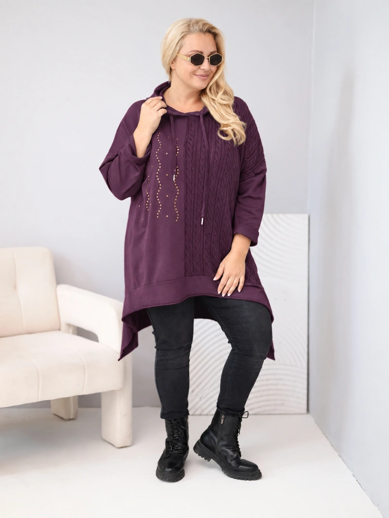 Bluza damska bawełniana Plus Size z kapturem i plecioną wstawką śliwkowa