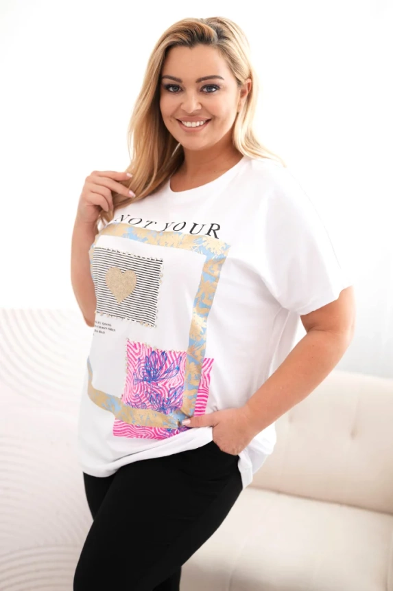 Women's cotton Plus Size blouse with gold print  white + blue