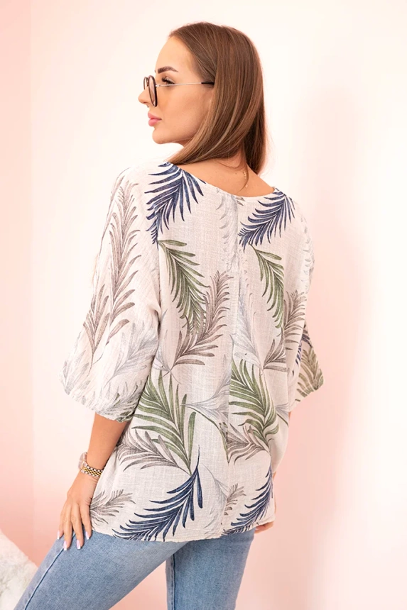 Women's cotton blouse with leaves with roll-up sleeves beige